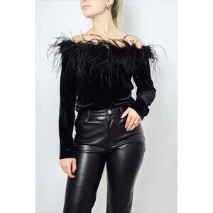 Cachet Velvet Feather Trim Off The Shoulder Long Sleeve Top